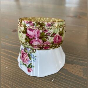 Floral Pink Fabric Cuff Bracelet with Gold Trim